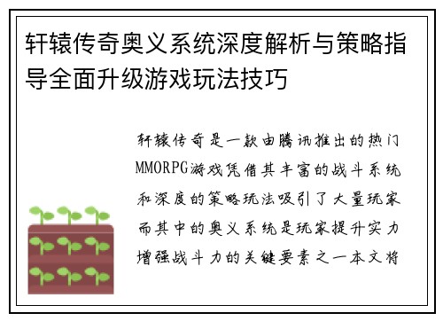 轩辕传奇奥义系统深度解析与策略指导全面升级游戏玩法技巧
