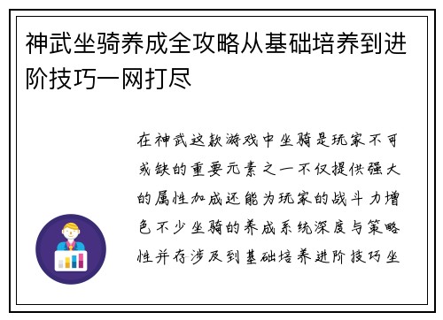 神武坐骑养成全攻略从基础培养到进阶技巧一网打尽